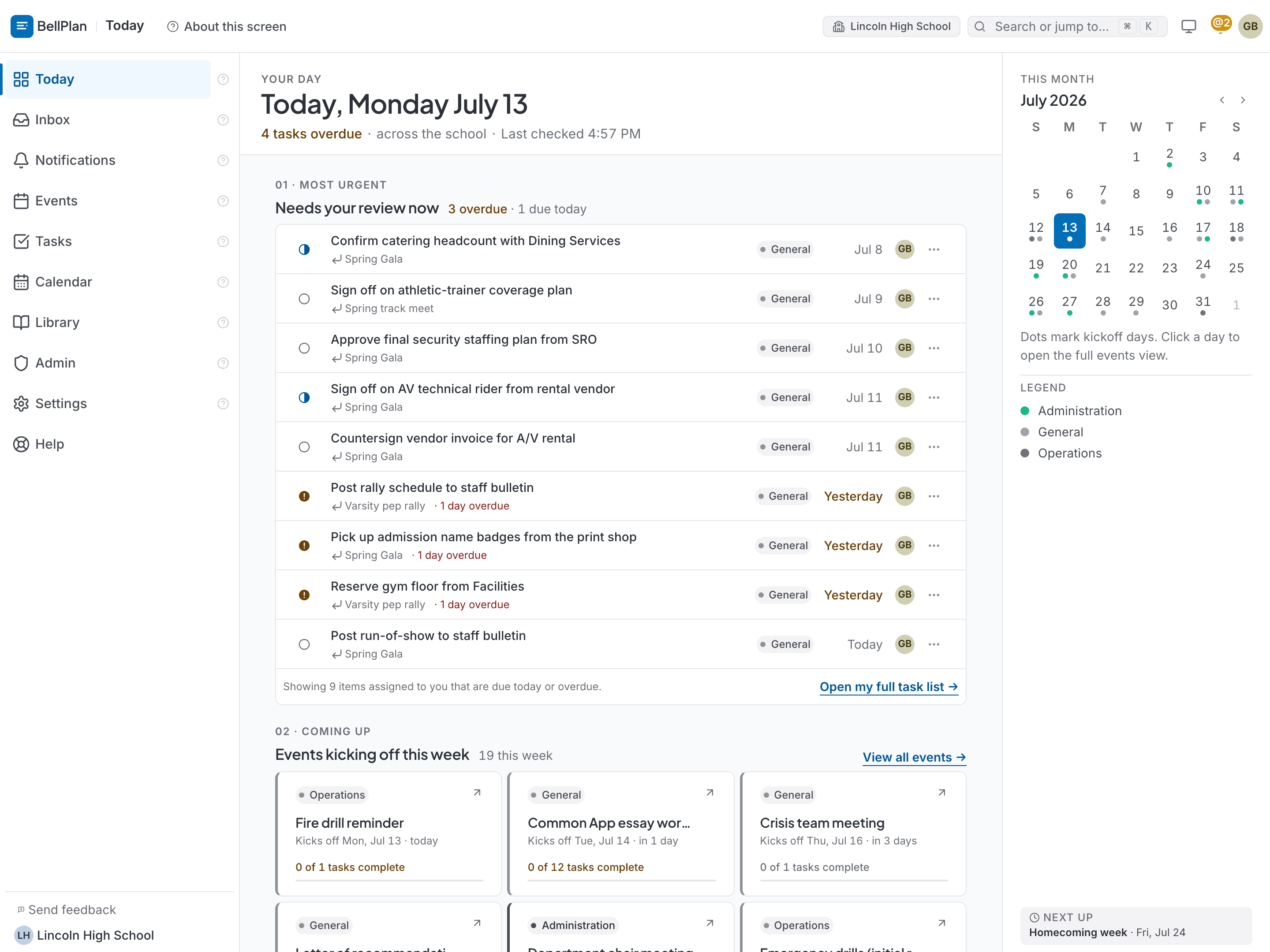 Today screen for a planner — preloaded tasks and activation checklist