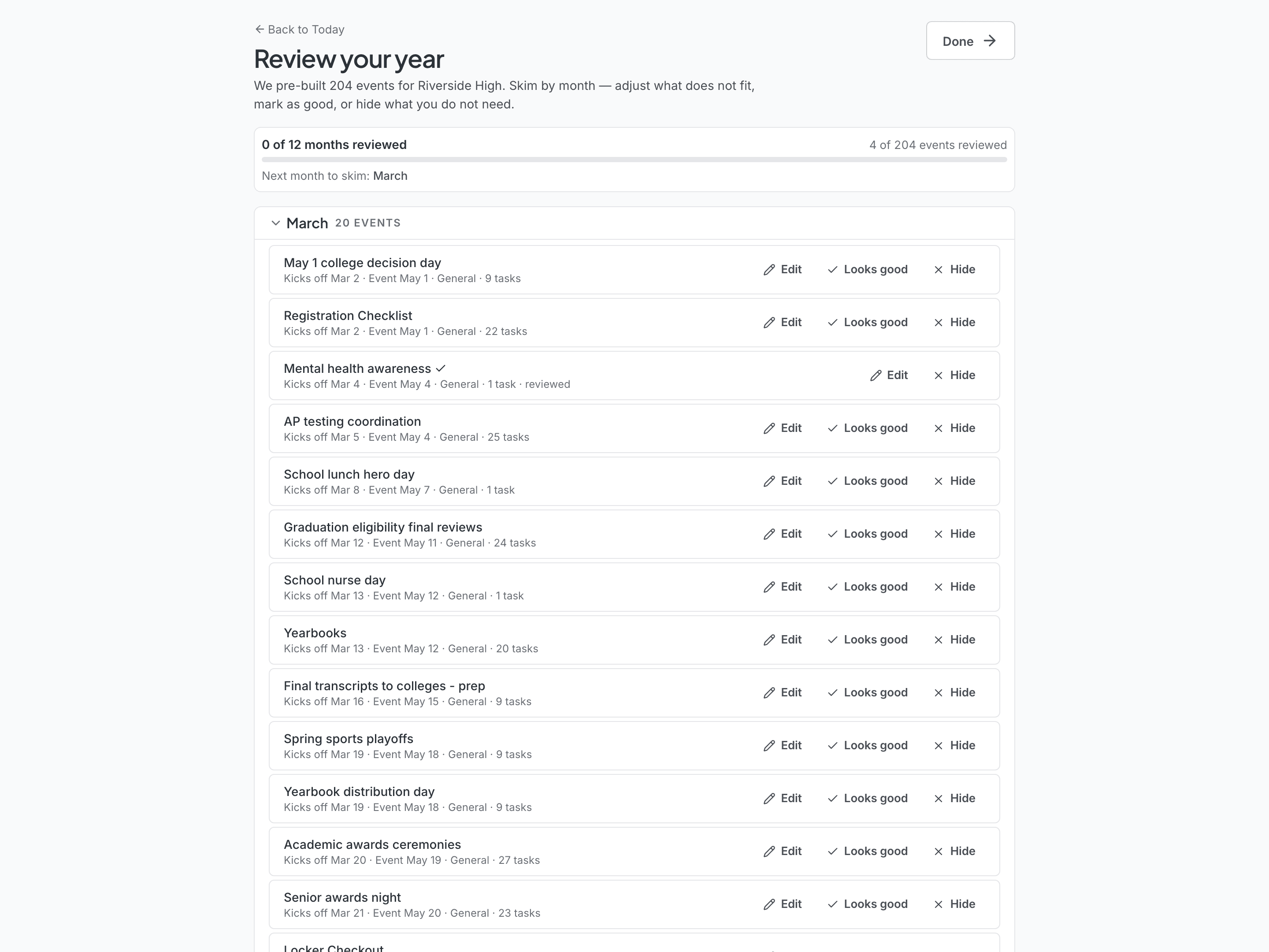 Welcome review — month-by-month list of pre-built events. The March section is expanded showing 20 events; each row has Edit, Looks good, and Hide buttons on the right.